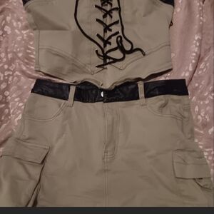 NWT AKIRA Black and Tan Faux Leather Corset Top And Cargo Skirt. XL